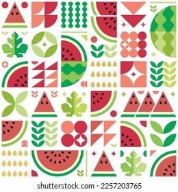 Red watermelon pattern artwork with geometric shape elements. Colorful summer poster design. Scandinavian style abstract vector. Illustration of watermelon slices, seeds, rind, leaves, and flowers.