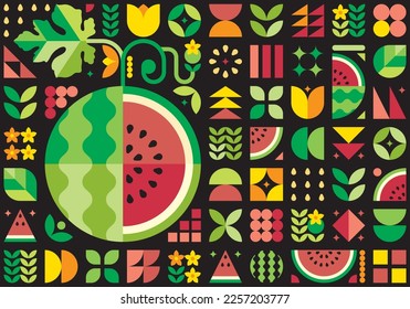 Red watermelon pattern artwork with geometric shape elements. Colorful illustration of watermelon slices, seeds, rind, leaves, and flowers. Scandinavian abstract vector design on black background.