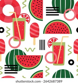 Red watermelon pattern artwork with geometric shape elements. Colorful summer poster design. Scandinavian style abstract vector. Illustration of watermelon slices, seeds, rind, leaves, and flowers.
