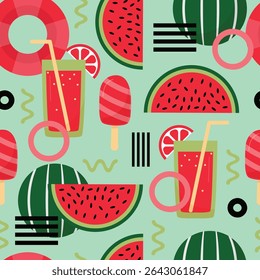 Red watermelon pattern artwork with geometric shape elements. Colorful summer poster design. Scandinavian style abstract vector. Illustration of watermelon slices, seeds, rind, leaves, and flowers.
