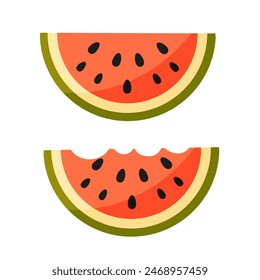 Red watermelon piece. Half part of watermelon whole and with bite. Bitten half of watermelon
