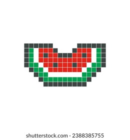 Arte de píxel de la sandía roja. Diseño vectorial de la sección de frutas, estilo de dibujos animados simple, tablero de ajedrez geométrico, mosaico, 8 bits. Ilustración de fruta para el logotipo de marca, arte clip, pegatina, símbolo o icono de elemento de juego.