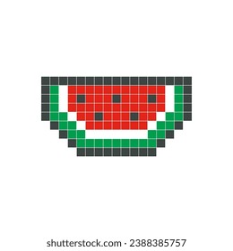 Red watermelon pixel art. Fruit slice vector design, simple cartoon style, geometric checkerboard, mosaic, 8 bit. Cute fruit illustration for brand logo, clip art, sticker, symbol, or game item icon.
