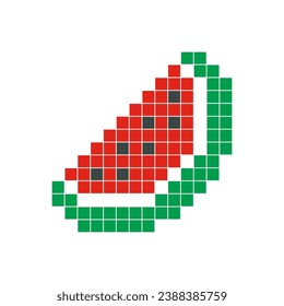 Red watermelon pixel art. Fruit slice vector design, simple cartoon style, geometric checkerboard, mosaic, 8 bit. Cute fruit illustration for brand logo, clip art, sticker, symbol, or game item icon.