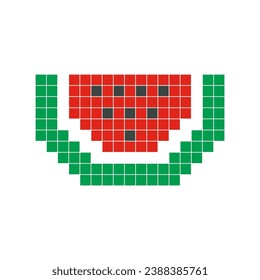 Red watermelon pixel art. Fruit slice vector design, simple cartoon style, geometric checkerboard, mosaic, 8 bit. Cute fruit illustration for brand logo, clip art, sticker, symbol, or game item icon.