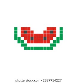 Red watermelon pixel art. Fruit slice vector design, simple cartoon style, geometric checkerboard, mosaic, 8 bit. Cute fruit illustration for brand logo, clip art, sticker, symbol, or game item icon.
