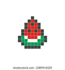Red watermelon pixel art. Fruit slice vector design, simple cartoon style, geometric checkerboard, mosaic, 8 bit. Cute fruit illustration for brand logo, clip art, sticker, symbol, or game item icon.