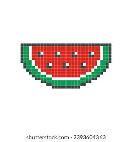 Red watermelon pixel art. Fruit slice vector design, simple cartoon style, geometric checkerboard, mosaic, 8 bit. Cute fruit illustration for brand logo, clip art, sticker, symbol, or game item icon.