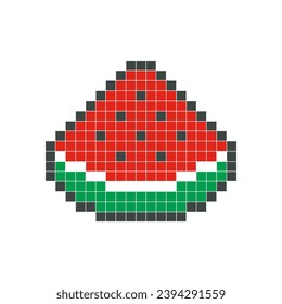 Red watermelon pixel art. Fruit slice vector design, simple cartoon style, geometric checkerboard, mosaic, 8 bit. Cute fruit illustration for brand logo, clip art, sticker, symbol, or game item icon.
