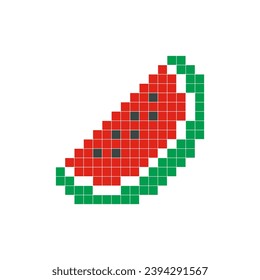 Red watermelon pixel art. Fruit slice vector design, simple cartoon style, geometric checkerboard, mosaic, 8 bit. Cute fruit illustration for brand logo, clip art, sticker, symbol, or game item icon.