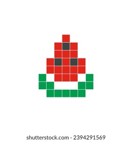 Red watermelon pixel art. Fruit slice vector design, simple cartoon style, geometric checkerboard, mosaic, 8 bit. Cute fruit illustration for brand logo, clip art, sticker, symbol, or game item icon.