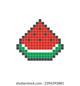 Arte de píxel de la sandía roja. Diseño vectorial de la sección de frutas, estilo de dibujos animados simple, tablero de ajedrez geométrico, mosaico, 8 bits. Ilustración de fruta para el logotipo de marca, arte clip, pegatina, símbolo o icono de elemento de juego.