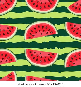  Red watermelon slice design on striped green background seamless pattern.  Vector illustration.