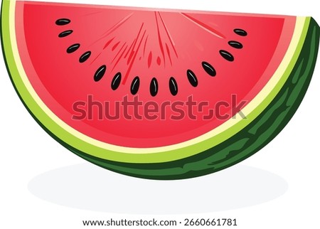 Red watermelon slice with green rind and black seeds on transparent background. Vector illustration