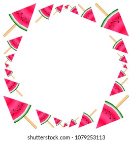 Red watermelon slice ice cream frame vector print illustration. Organic food element for summer diet. Colorful red and green water melon fruit. Vector dessert nutrition watermelon berry.