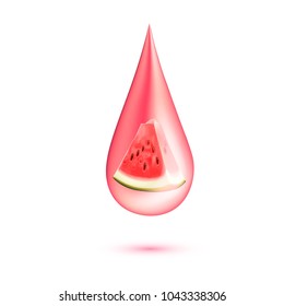 Red watermelon slice in juice drop splash realistic vector. 3d berry fruit liquid, summer tropical vacation drink symbol Fresh vitamin sweet liquid flowing in motion, isolated background illustration