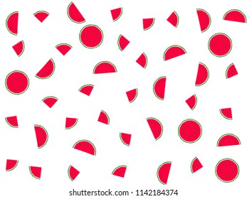 Red watermelon slice on white vector print illustration. Organic food element for summer diet. Bright red and green water melon fruit. Vector dessert nutrition watermelon berry.