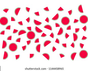Red watermelon slice scatter on white vector print illustration. Organic food element for summer diet. Bright red and green water melon fruit. Vector dessert nutrition watermelon berry.