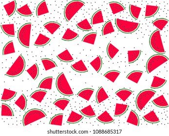 Red watermelon slice vector print illustration. Healthy food element for summer diet. Isolated red and green water melon fruit. Vector dessert nutrition watermelon berry.