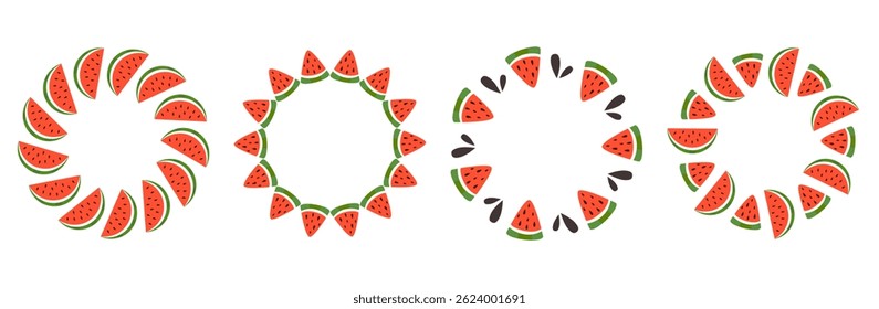 Red watermelon slices with bones circle frame set. Sweet natural healthy fruit wreath. Summer tropical food hand-drawn round border or chaplet design. Isolated vector illustration