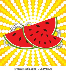 Red watermelon slices and flowers on a striped yellow background.