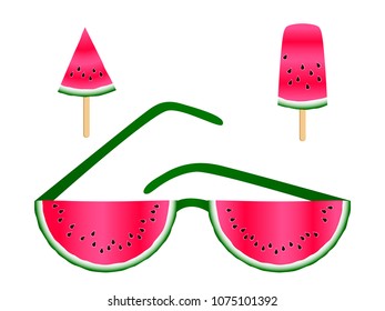 Red watermelon slices ice cream and sunglasses vector print illustration. Vitamin food element for summer diet. Simple red and green water melon fruit objects. Dessert nutrition watermelon berry.