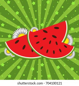 Red watermelon slices on a green striped background with stars