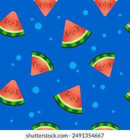 Red Watermelon Slices Seamless Pattern on Blue background. Tropical food, fruit, travel, vacation fun playful pattern.