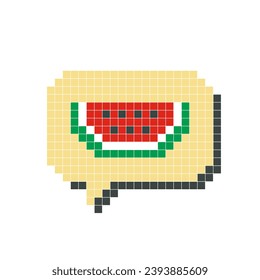 Red watermelon in speech bubble pixel art isolated on white background. Vector illustration of computer game graphics, cute decorations, stickers, dialogue balloons. Geometric style, mosaic, 8 bit.