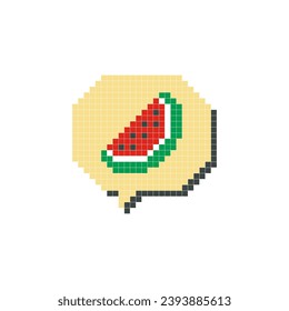 Red watermelon in speech bubble pixel art isolated on white background. Vector illustration of computer game graphics, cute decorations, stickers, dialogue balloons. Geometric style, mosaic, 8 bit.