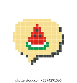 Red watermelon in speech bubble pixel art isolated on white background. Vector illustration of computer game graphics, cute decorations, stickers, dialogue balloons. Geometric style, mosaic, 8 bit.