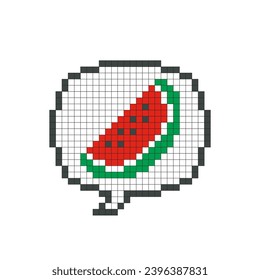 Red watermelon in speech bubble pixel art isolated on white background. Vector illustration of computer game graphics, cute decorations, stickers, dialogue balloons. Geometric style, mosaic, 8 bit.