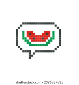 Red watermelon in speech bubble pixel art isolated on white background. Vector illustration of computer game graphics, cute decorations, stickers, dialogue balloons. Geometric style, mosaic, 8 bit.