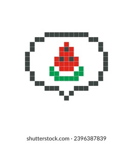 La sandía roja en el arte de los píxeles de burbujas de voz aislado en el fondo blanco. Ilustración vectorial de gráficos de juegos de computadora, adorables decoraciones, pegatinas, globos de diálogo. Estilo geométrico, mosaico, 8 bits.