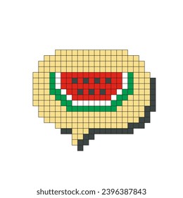Red watermelon in speech bubble pixel art isolated on white background. Vector illustration of computer game graphics, cute decorations, stickers, dialogue balloons. Geometric style, mosaic, 8 bit.