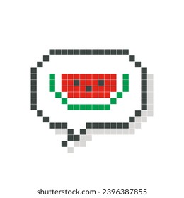 Red watermelon in speech bubble pixel art isolated on white background. Vector illustration of computer game graphics, cute decorations, stickers, dialogue balloons. Geometric style, mosaic, 8 bit.