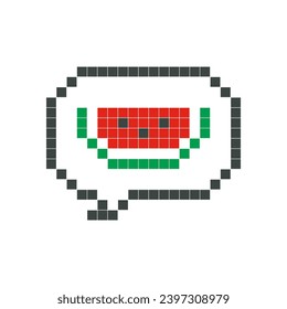 Red watermelon in speech bubble pixel art isolated on white background. Vector illustration of computer game graphics, cute decorations, stickers, dialogue balloons. Geometric style, mosaic, 8 bit.