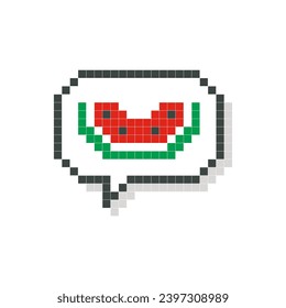 Red watermelon in speech bubble pixel art isolated on white background. Vector illustration of computer game graphics, cute decorations, stickers, dialogue balloons. Geometric style, mosaic, 8 bit.