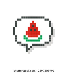 Red watermelon in speech bubble pixel art isolated on white background. Vector illustration of computer game graphics, cute decorations, stickers, dialogue balloons. Geometric style, mosaic, 8 bit.