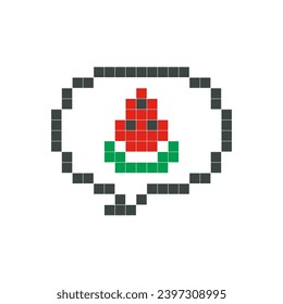 La sandía roja en el arte de los píxeles de burbujas de voz aislado en el fondo blanco. Ilustración vectorial de gráficos de juegos de computadora, adorables decoraciones, pegatinas, globos de diálogo. Estilo geométrico, mosaico, 8 bits.