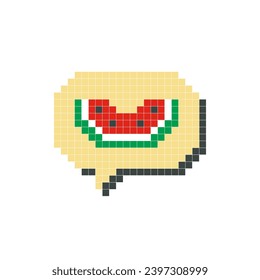 Red watermelon in speech bubble pixel art isolated on white background. Vector illustration of computer game graphics, cute decorations, stickers, dialogue balloons. Geometric style, mosaic, 8 bit.