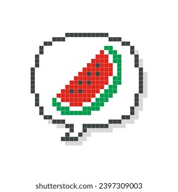 Red watermelon in speech bubble pixel art isolated on white background. Vector illustration of computer game graphics, cute decorations, stickers, dialogue balloons. Geometric style, mosaic, 8 bit.