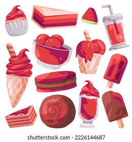 Red watermelon sweets cake ice cream and beverages cartoon illustration set collection