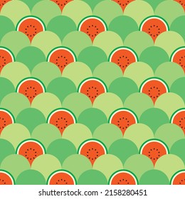 Red watermelon themed background. Geometric seamless fruit pattern motif. Simple flat vector illustration. Circle shapes and sliced ​​watermelon. For backdrops, covers, prints, fabrics and wallpapers.