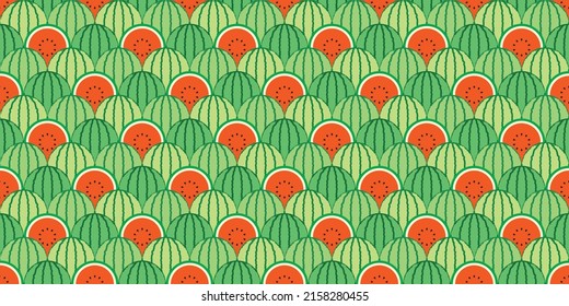 Red watermelon themed background. Geometric seamless fruit pattern motif. Simple flat vector illustration. Whole and sliced ​​watermelon. For backdrops, covers, prints, fabrics and wallpapers.