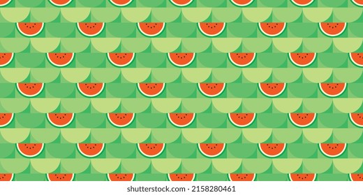 Red watermelon themed background. Geometric seamless semicircle fruit pattern motif. Simple flat vector illustration. Watermelon cut in half. For backdrops, covers, prints, fabrics, and wallpapers.