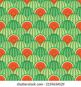 Red watermelon themed background. Geometric seamless fruit pattern motif. Simple flat vector illustration. Whole and sliced ​​watermelon. For backdrops, covers, prints, fabrics and wallpapers.