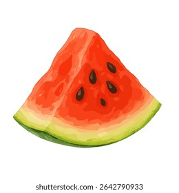 Red watermelon wedge with black seeds and green rind on white background. Great for summer designs, fruit themes, and refreshing drink menu