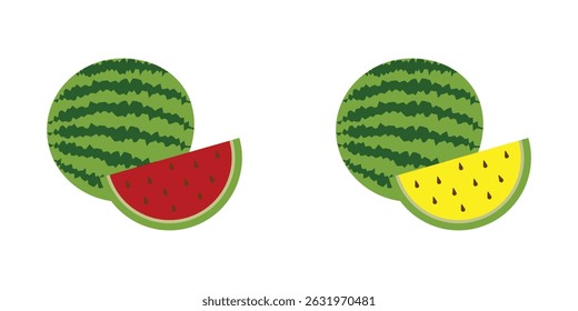 Rote Wassermelone und gelbe Wassermelone, flache Illustration. Ganze und Scheiben Wassermelone Früchte Cartoon Vektor