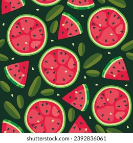 red watermelons on a green background with leaves. juicy tasty watermelon slices